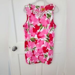 Ruby Rd. Pink and Red Floral Dress with Embellished Neckline 16P